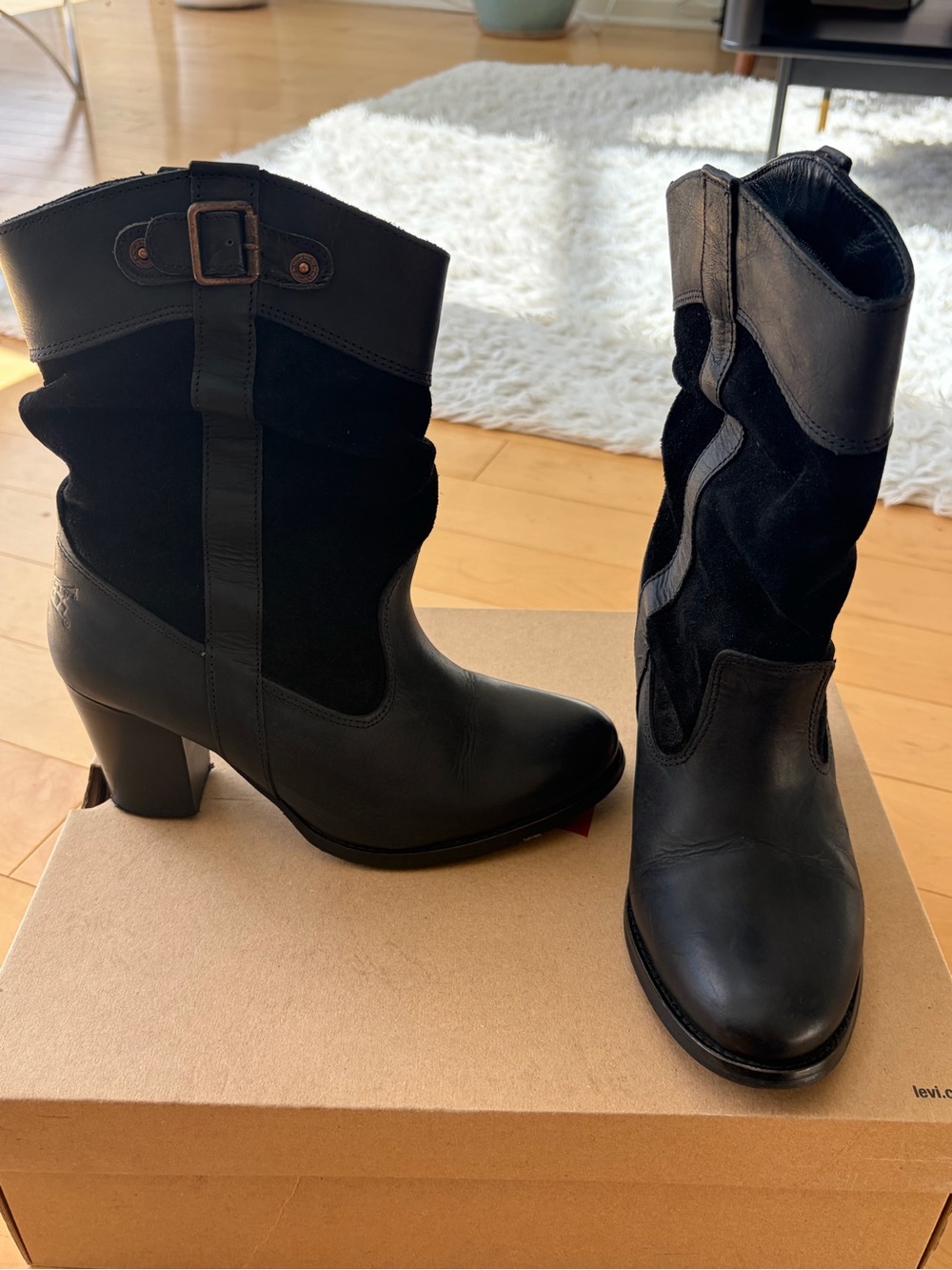 Levi's Black Leather and Suede Mid-Calf Heeled Boots